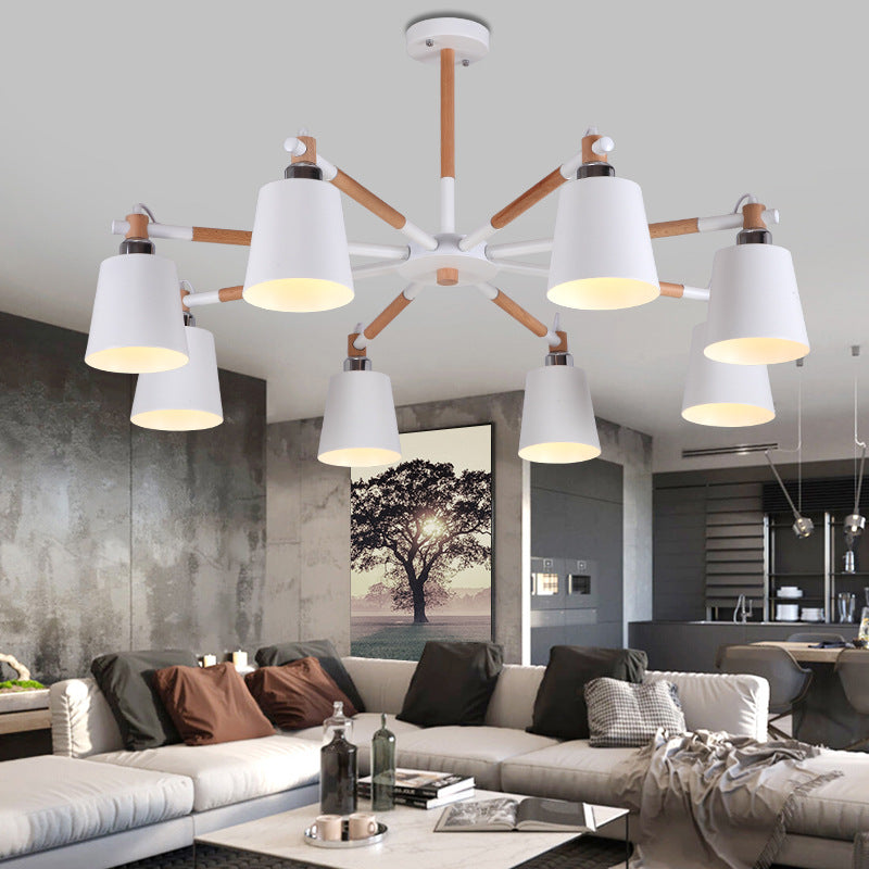Plafonnier 3 sources en bois massif Nesty - Version blanche, salon contemporain avec canapé gris