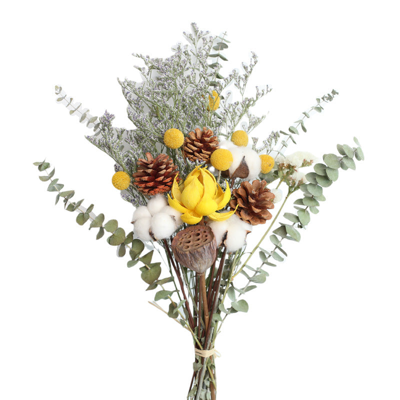 Bouquet de fleurs séchées Nesty - Eucalyptus vert, fleur jaune et capsule de lotus