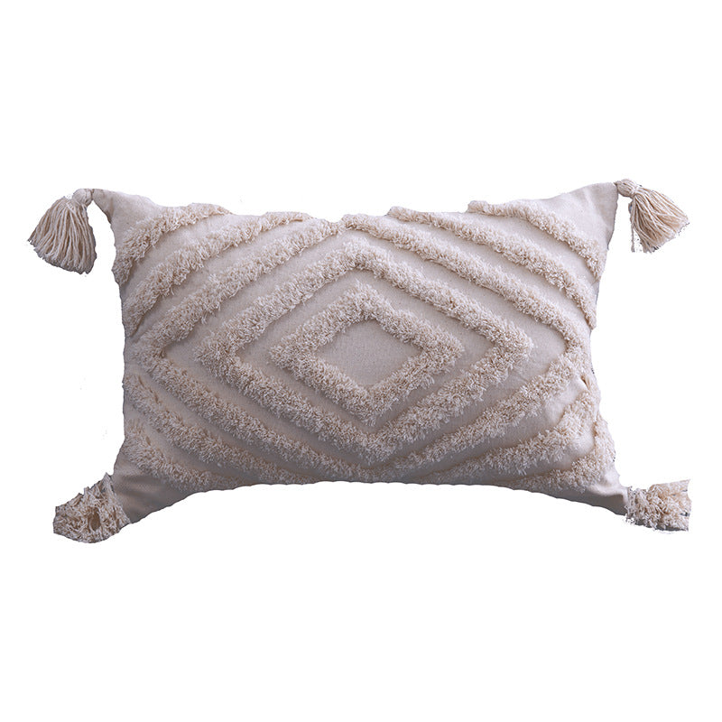 Housse de coussin en lin et coton Nesty - Format rectangulaire, motif losange concentrique et pompons