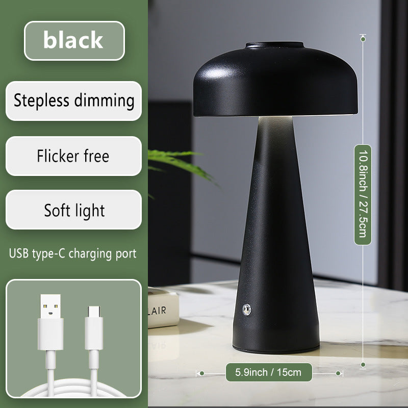 Lampe nomade champignon en céramique Nesty - Coloris noir, fiche technique avec dimensions et câble USB-C