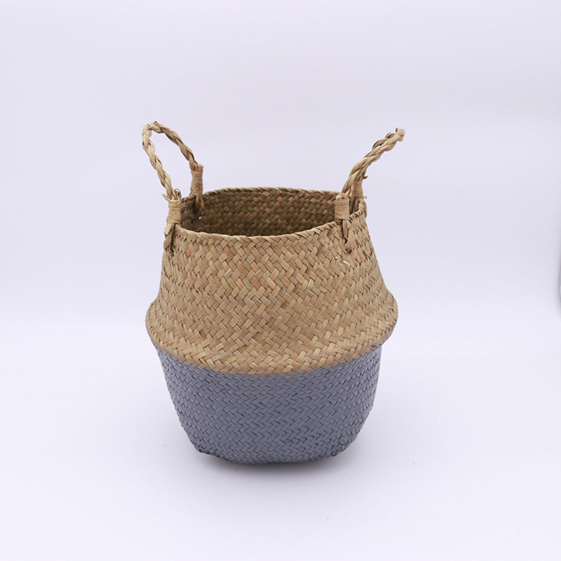 Panier en jonc de mer tressé main Nesty - Modèle à base gris clair et haut naturel, à deux anses