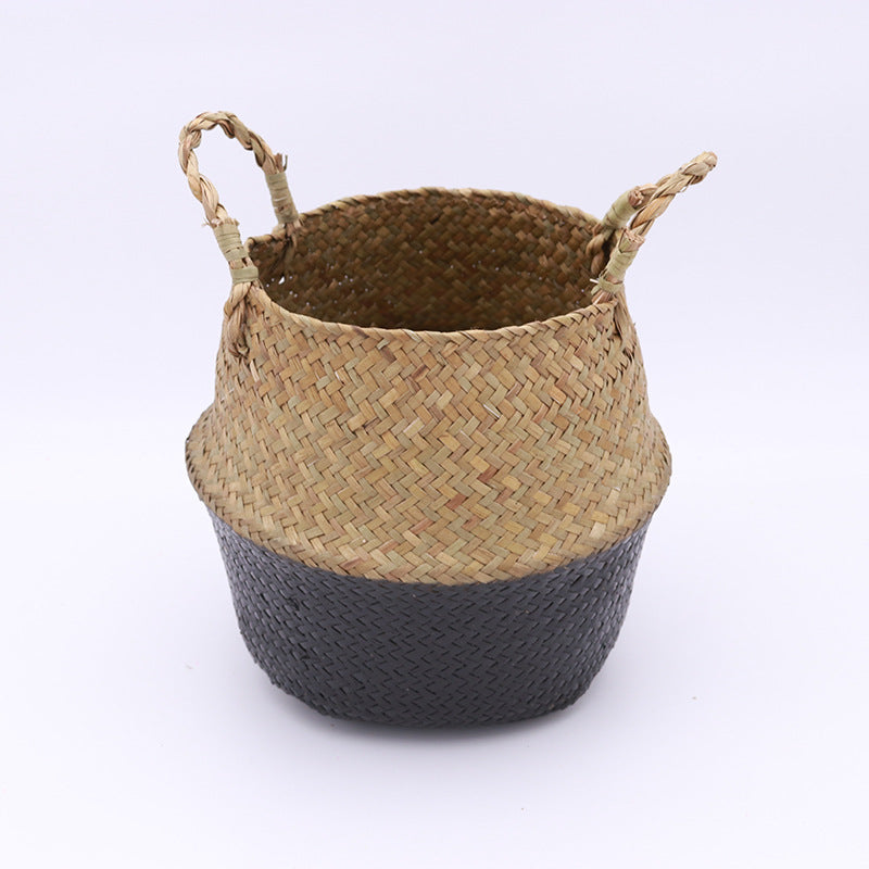 Panier en jonc de mer tressé main Nesty - Modèle à base noire et haut naturel, à deux anses