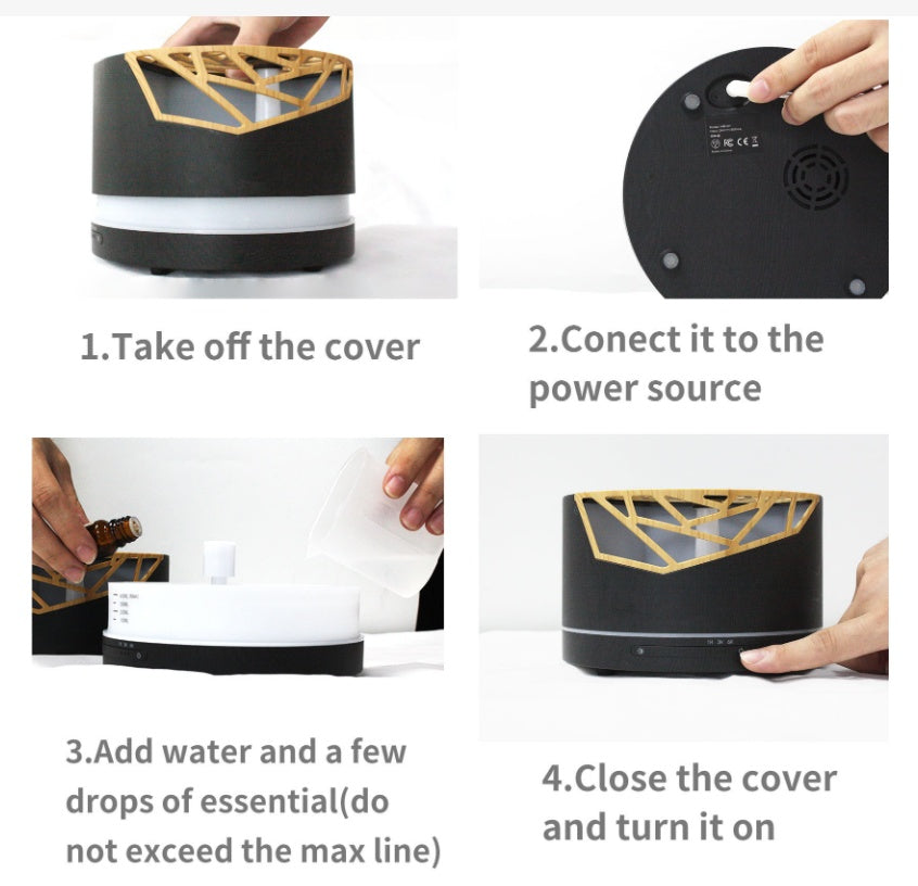 Diffuseur d'huiles essentielles Nesty - Notice en 4 étapes : retirer le capot, brancher, remplir d'eau et d'huile, refermer et allumer