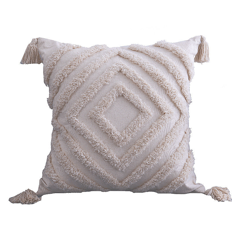 Housse de coussin en lin et coton Nesty - Motif losange concentrique en relief, pompons aux quatre angles