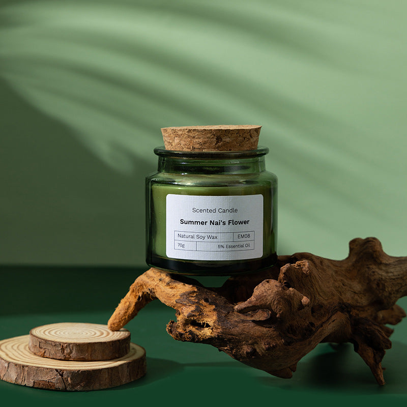 Bougie parfumée en cire de soja Nesty - Pot verre vert bouchon bois (vue 16)