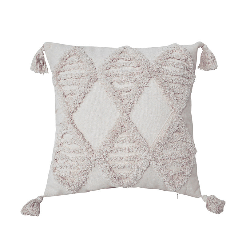Housse de coussin en lin et coton Nesty - Motif losanges ajourés en chaîne, pompons aux angles
