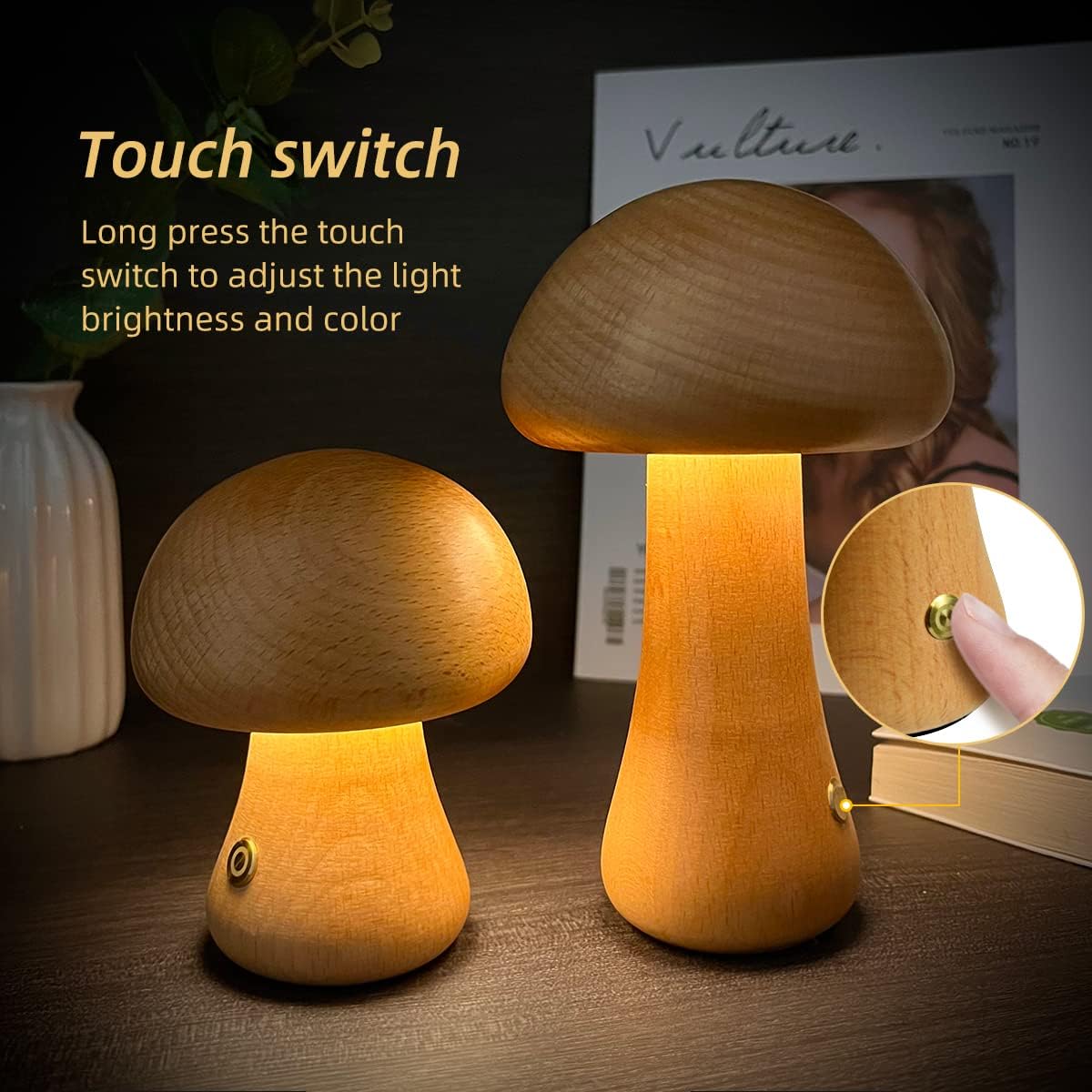 Lampe champignon LED en bois Nesty - Détail du bouton tactile pour régler la luminosité et la couleur