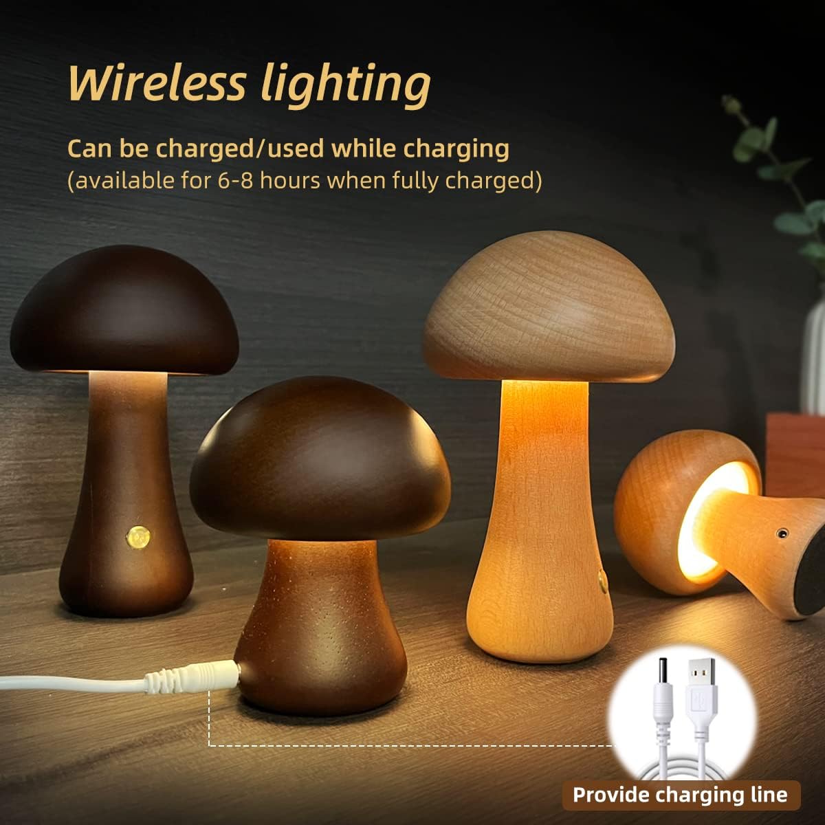 Lampe champignon LED en bois Nesty - Quatre modèles alignés avec câble de charge fourni