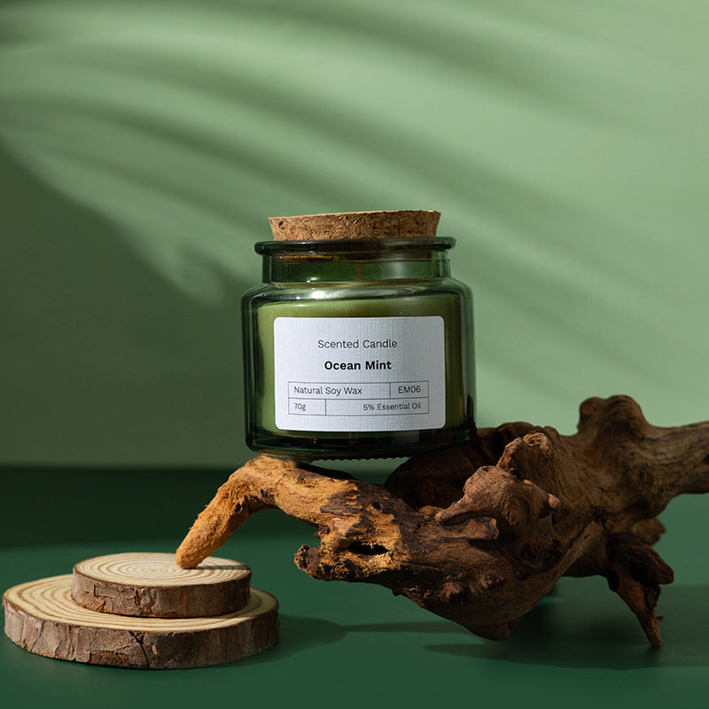 Bougie parfumée en cire de soja Nesty - Pot verre vert bouchon bois (vue 15)