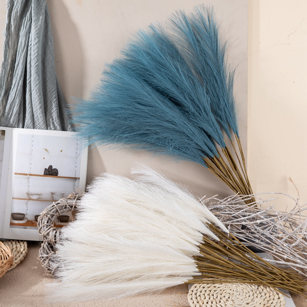 Tiges de pampa séchée Nesty - Bottes bleu canard et blanches posées contre un mur clair