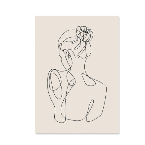 Toile décorative bohème Nesty - Affiche visage de femme de dos dessiné d'un seul trait sur fond beige