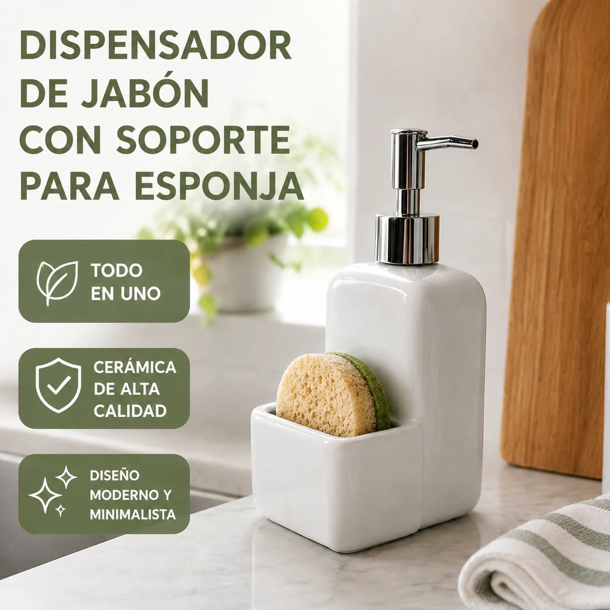 Distributeur de savon en céramique blanche avec porte-éponge intégré - Nesty (vue 1)