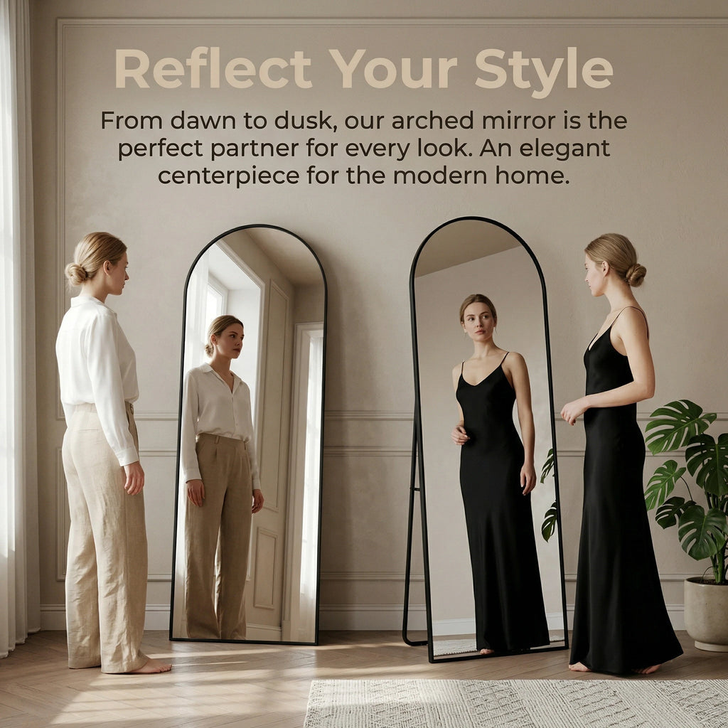 Miroir sur pied cintré noir Nesty - Support intégré, deux miroirs cintrés noirs, l'un posé en appui et l'autre debout, chacun face à une femme habillée différemment