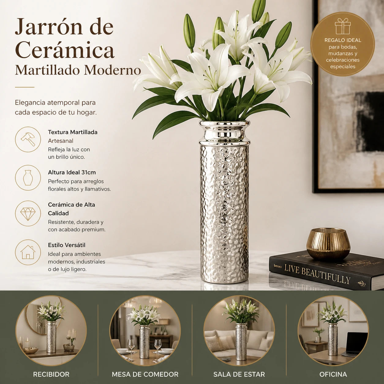 Vase haut en céramique finition métallique argentée - Nesty (vue 3)
