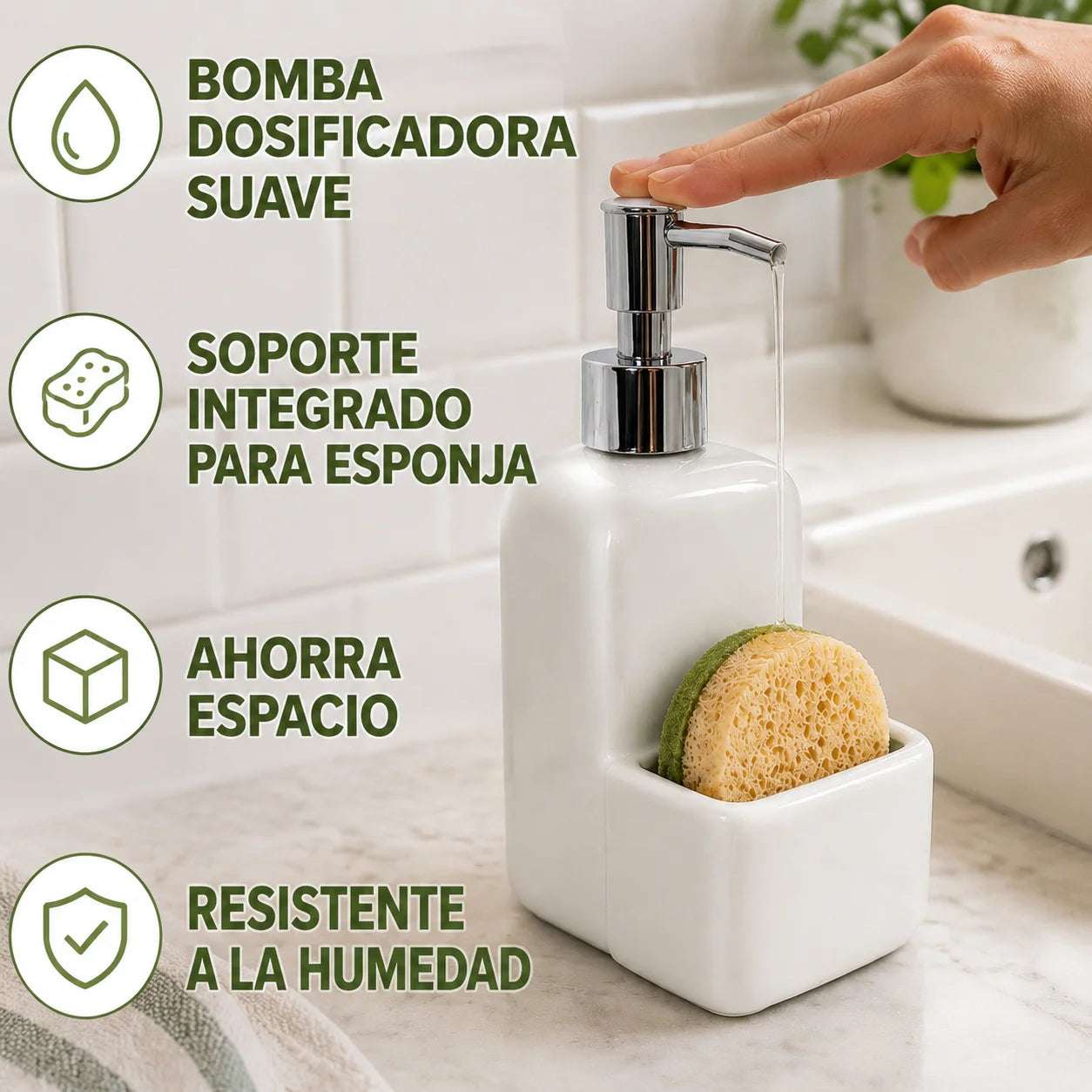 Distributeur de savon en céramique blanche avec porte-éponge intégré - Nesty (vue 2)