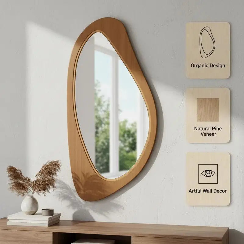 Miroir mural galbé Nesty - Pictogrammes design organique et placage pin naturel, miroir au-dessus d'une console (contenu en anglais)