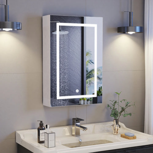 Armoire miroir de salle de bain avec éclairage LED Nesty - Cadre lumineux blanc autour du miroir, installée au-dessus d'un lavabo, sous spots muraux