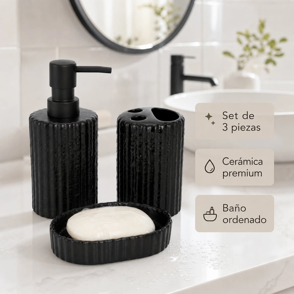 Set 3 pièces céramique salle de bain, texture côtelée noir et blanc (vue 5) - Nesty