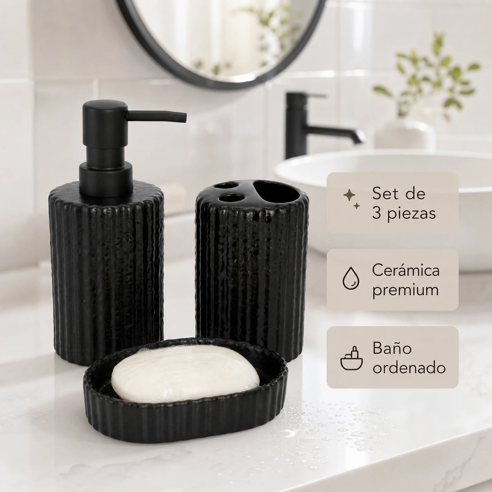 Set 3 pièces céramique salle de bain, texture côtelée noir et blanc (vue 5) - Nesty
