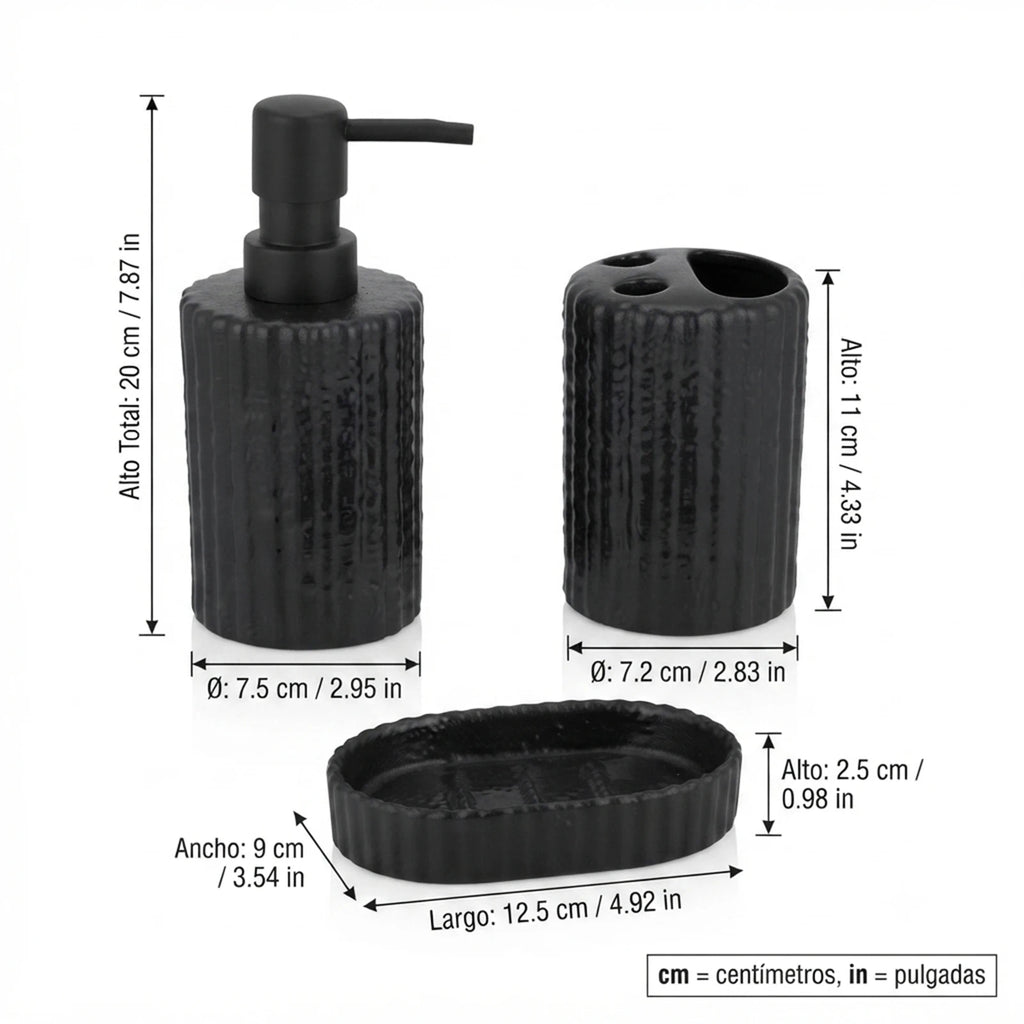 Set 3 pièces céramique salle de bain côtelée noire avec cotes techniques : distributeur 20 cm, porte-brosses 11 cm, porte-savon 12,5 cm - Nesty