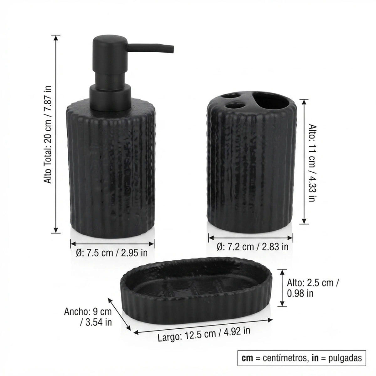 Set 3 pièces céramique salle de bain côtelée noire avec cotes techniques : distributeur 20 cm, porte-brosses 11 cm, porte-savon 12,5 cm - Nesty