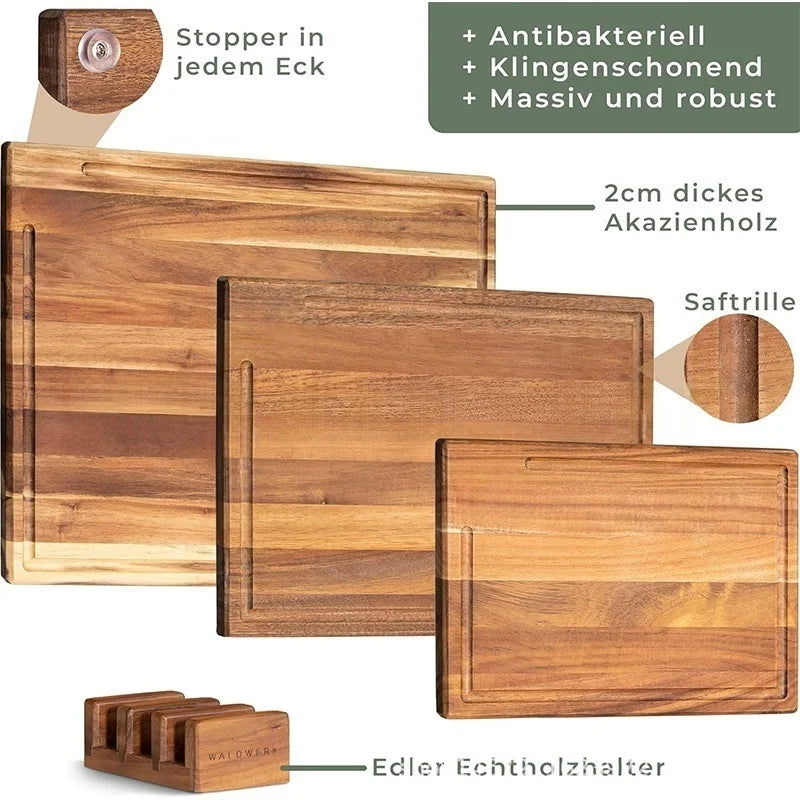 Set de 3 planches à découper en chêne avec rigole à jus Nesty, fiche technique en allemand : coin antidérapant, épaisseur 2 cm, rigole à jus et support en bois massif