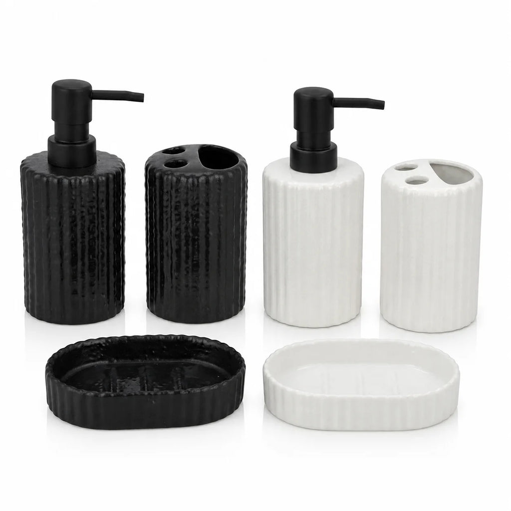 Set 3 pièces céramique salle de bain côtelée en deux coloris noir et blanc : distributeur de savon, porte-brosses à dents et porte-savon - Nesty