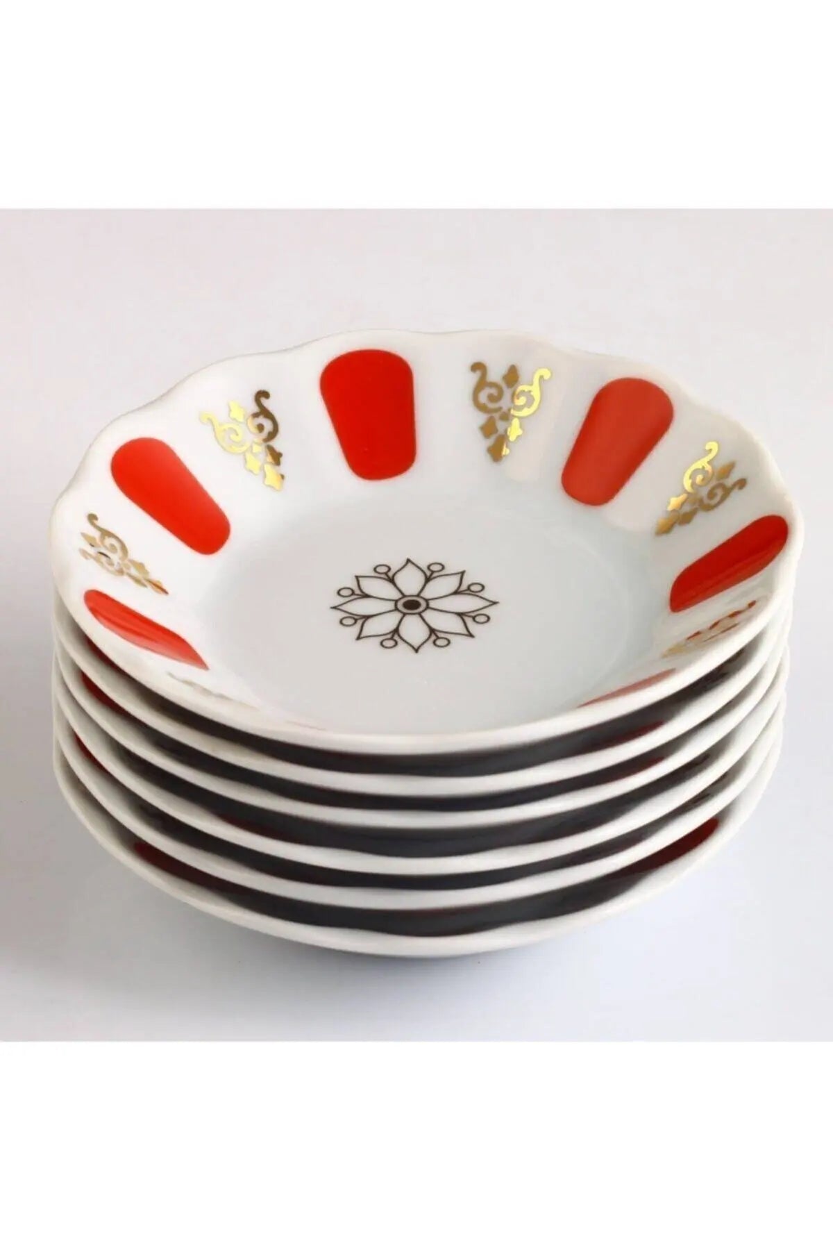 Pile de six soucoupes en mélamine blanche à motif rouge et doré traditionnel turc - Nesty