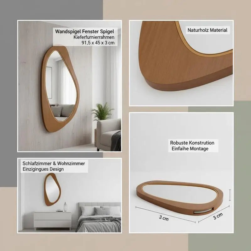 Miroir mural galbé Nesty - Visuel produit en chambre et salon, dimensions 91,5 x 45 x 3 cm (contenu en allemand)