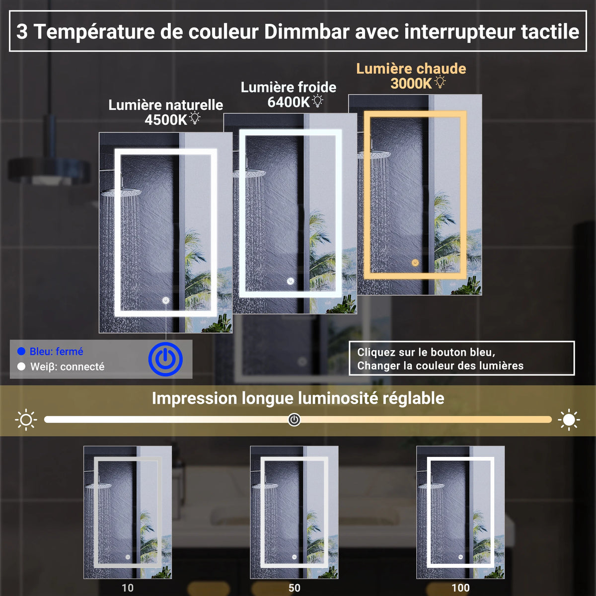 Armoire miroir de salle de bain avec éclairage LED Nesty - Comparaison des trois températures de lumière et de l'intensité réglable au bouton tactile