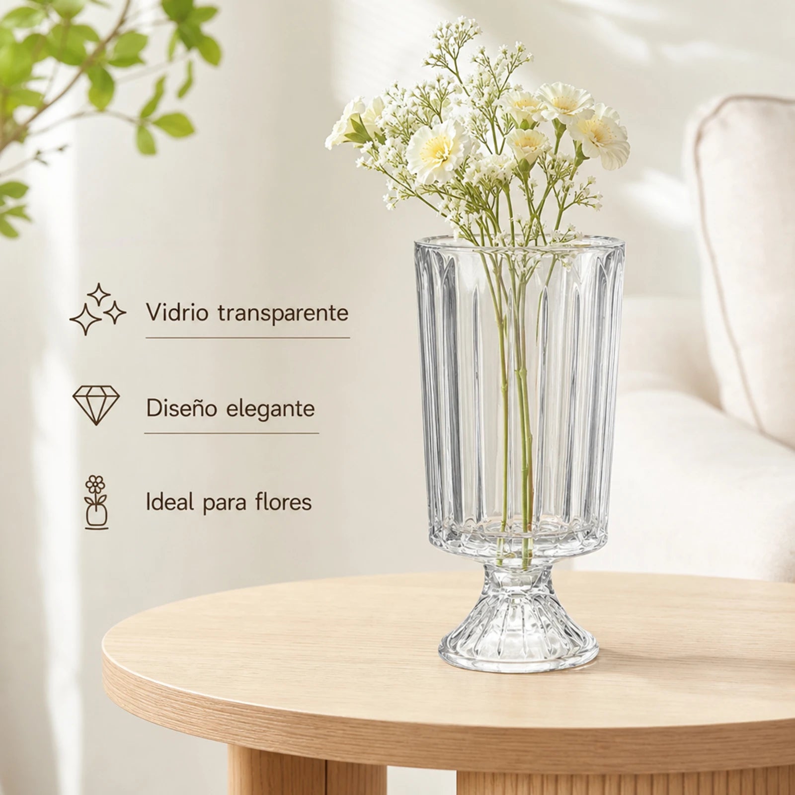 Vase en verre transparent 23 cm, socle piédestal vintage Nesty, garni de gypsophile et petites fleurs crème, fiche produit en espagnol