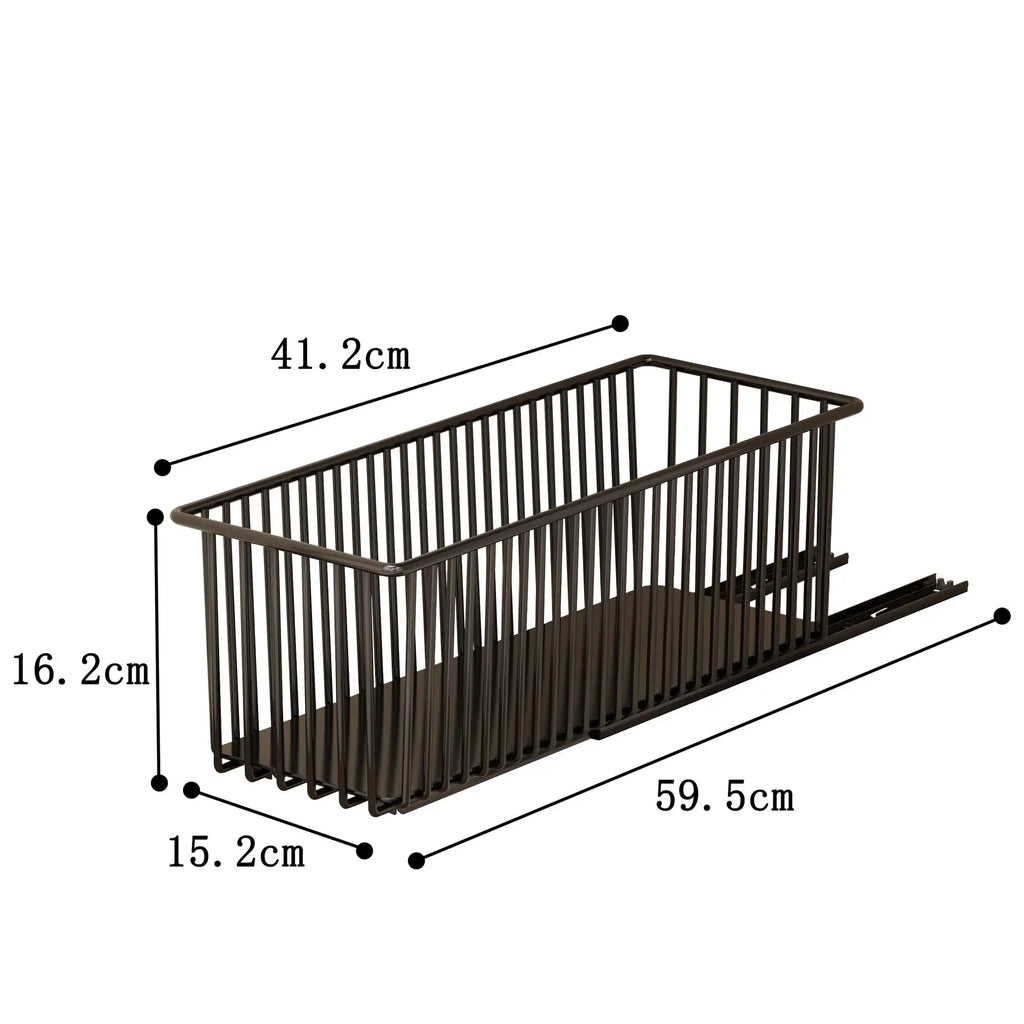 Lot de 2 paniers coulissants en acier pour rangement de cuisine Nesty, panier avec dimensions annotées 59,5 x 41,2 x 16,2 cm