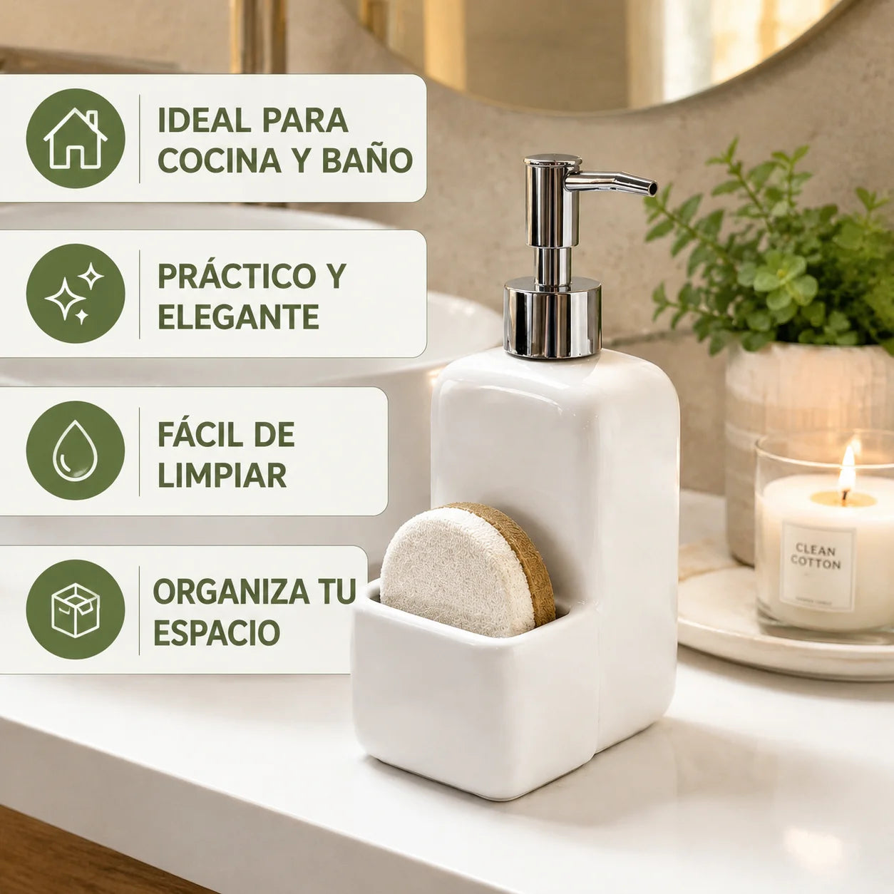 Distributeur de savon en céramique blanche avec porte-éponge intégré - Nesty (vue 7)