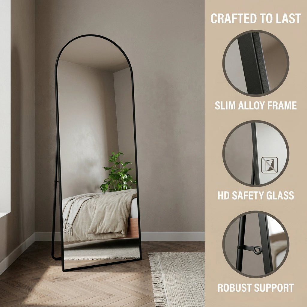 Miroir sur pied cintré noir Nesty - Support intégré, collage détail : cadre en alliage fin, verre de sécurité HD, système de support robuste