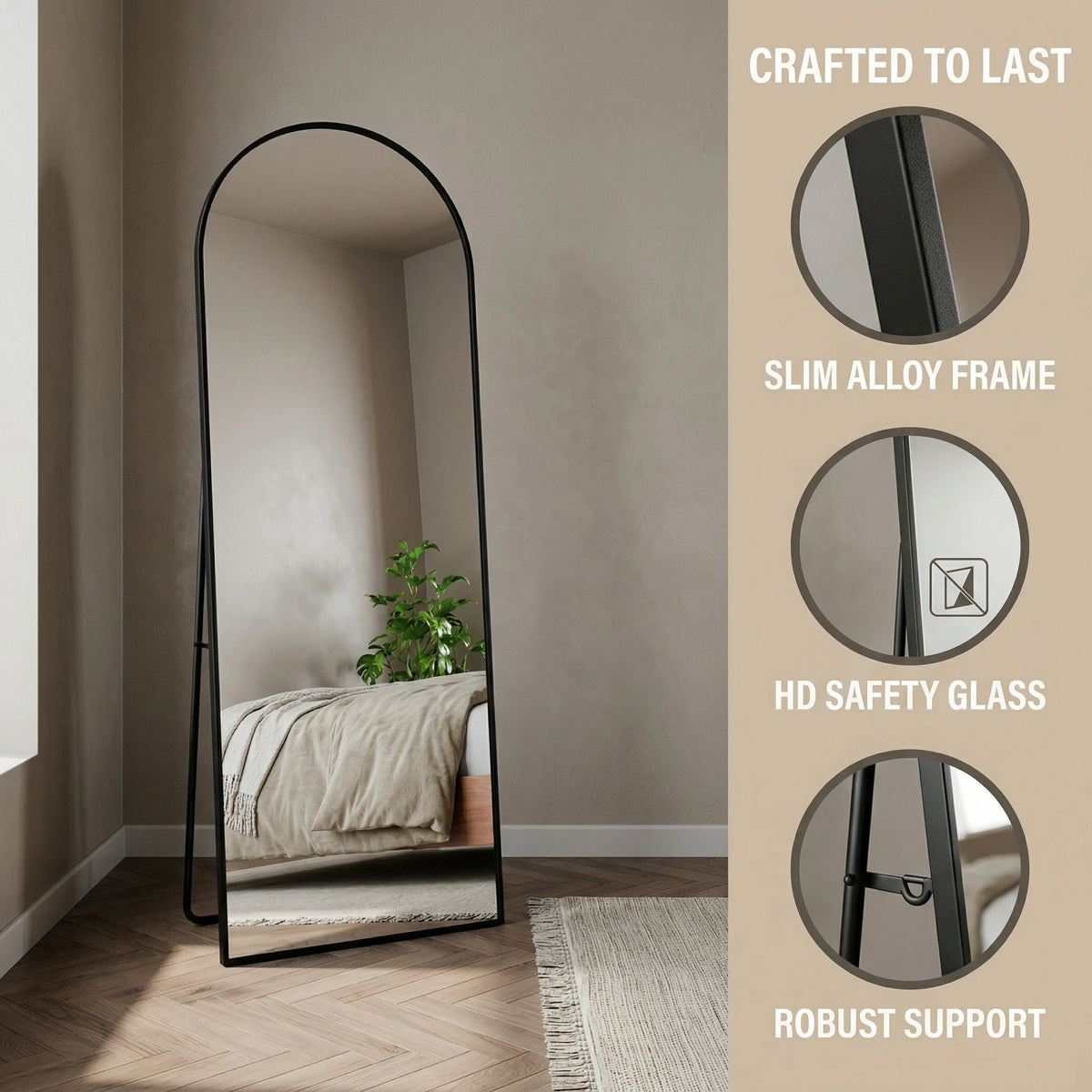 Miroir sur pied cintré noir Nesty - Support intégré, collage détail : cadre en alliage fin, verre de sécurité HD, système de support robuste