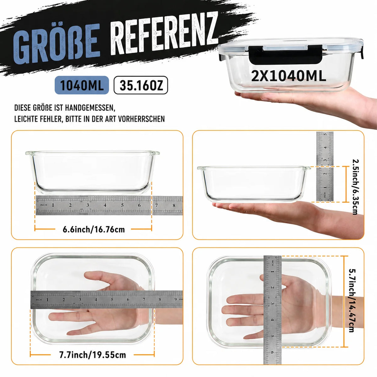 Set de 4 bols en verre avec couvercles hermétiques noirs Nesty, planche de mesures "Größe Referenz" en allemand : dimensions de la boîte en verre 1040ml tenue en main avec règle