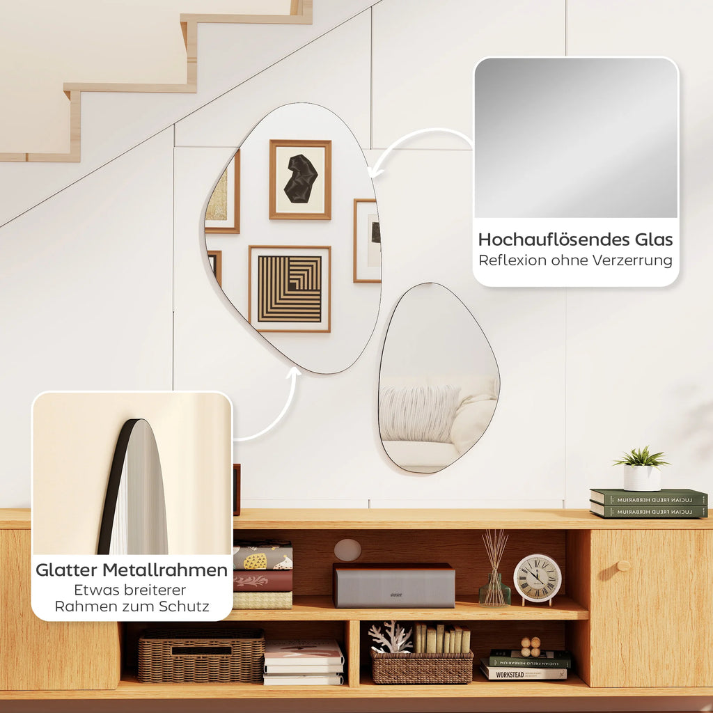 Duo de miroirs galets asymétriques, détails glace haute résolution sans distorsion et cadre métal lisse, sous un escalier - Nesty
