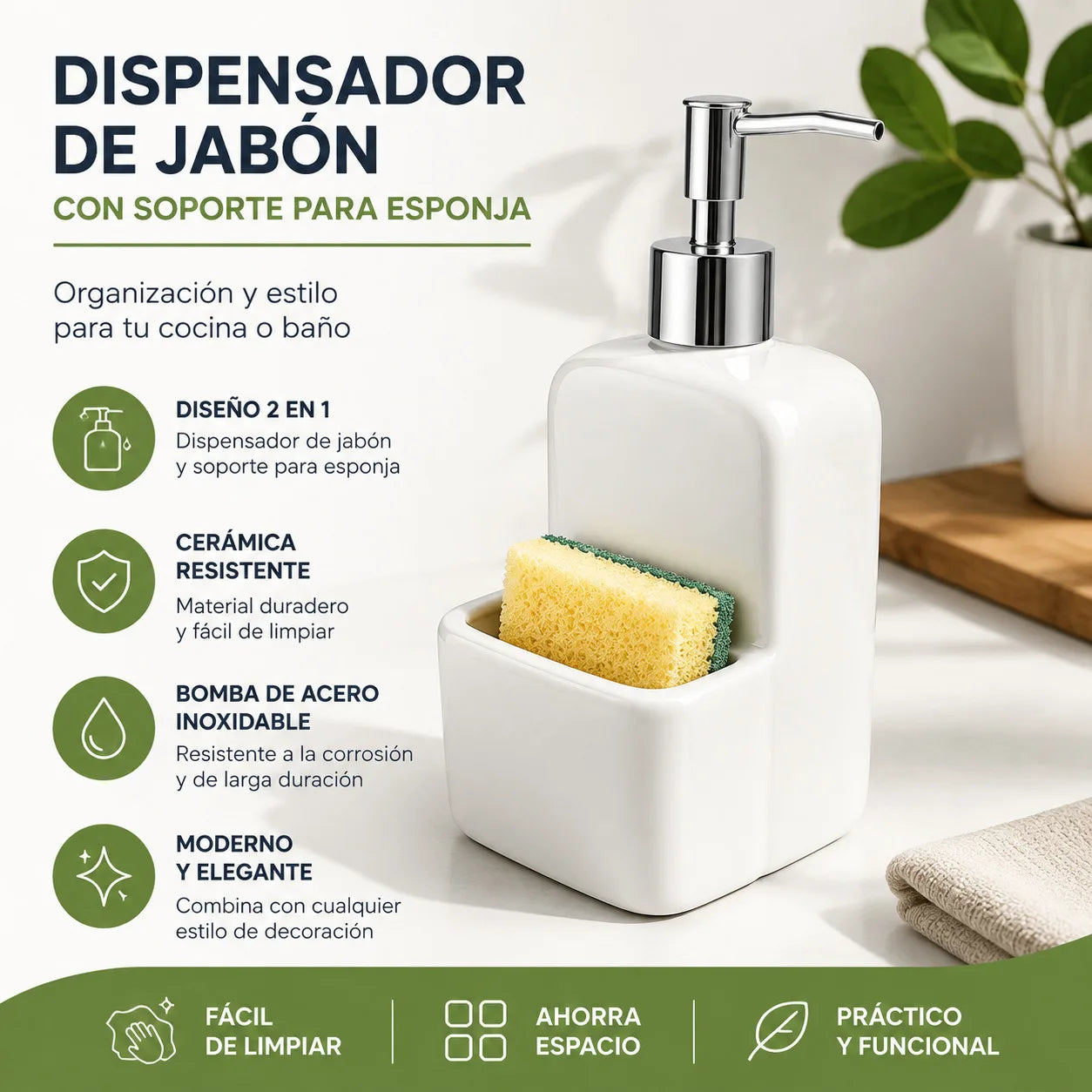 Distributeur de savon en céramique blanche avec porte-éponge intégré - Nesty (vue 6)