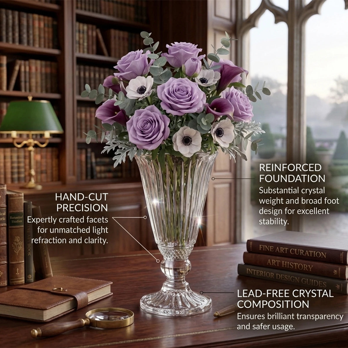 Vase en verre à relief vertical, style vintage sculpté - Nesty - Vase garni d'un bouquet de roses mauves, renoncules et anémones blanches, dans une bibliothèque avec lampe à abat-jour vert