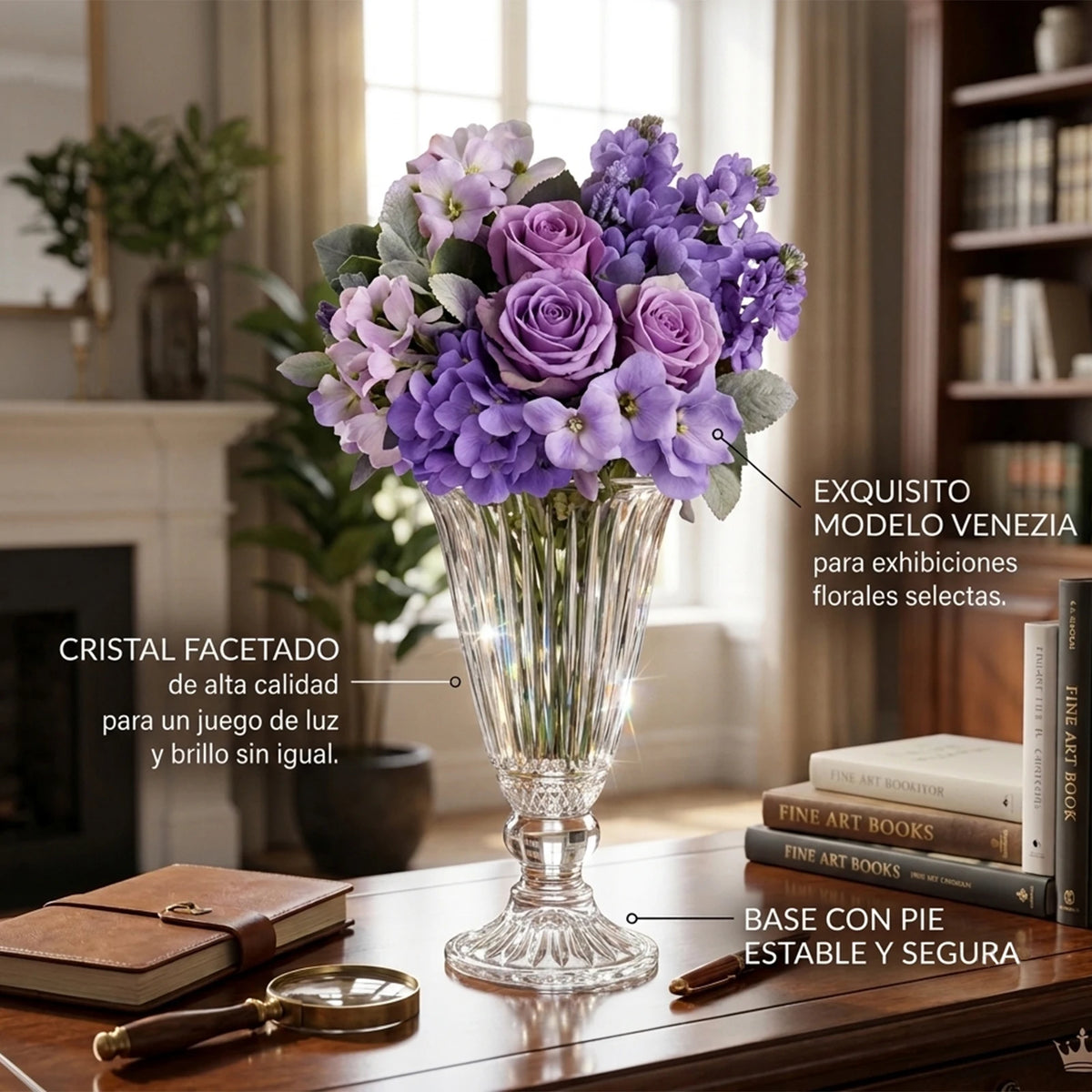 Vase en verre à relief vertical, style vintage sculpté - Nesty - Vase garni d'un bouquet de roses et fleurs mauves, en situation dans un salon avec bibliothèque et cheminée