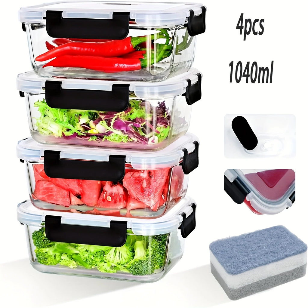 Set de 4 bols en verre avec couvercles hermétiques noirs Nesty, quatre boîtes rectangulaires en verre à couvercle hermétique noir empilées, contenant piments rouges, salade, pastèque et brocoli, texte "4pcs 1040ml"
