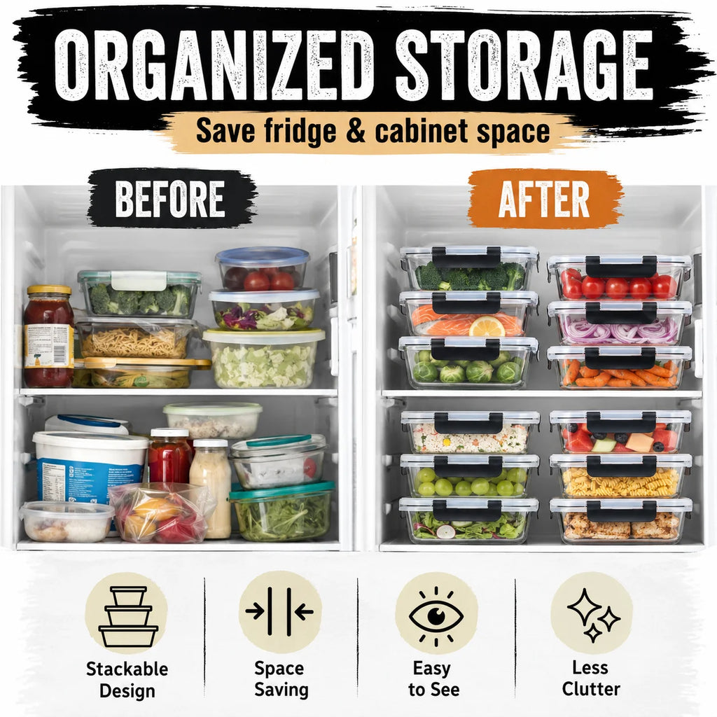 Set de 4 bols en verre avec couvercles hermétiques noirs Nesty, comparatif avant/après "Organized Storage" d'un réfrigérateur rangé avec des boîtes en verre empilées contenant fruits et légumes