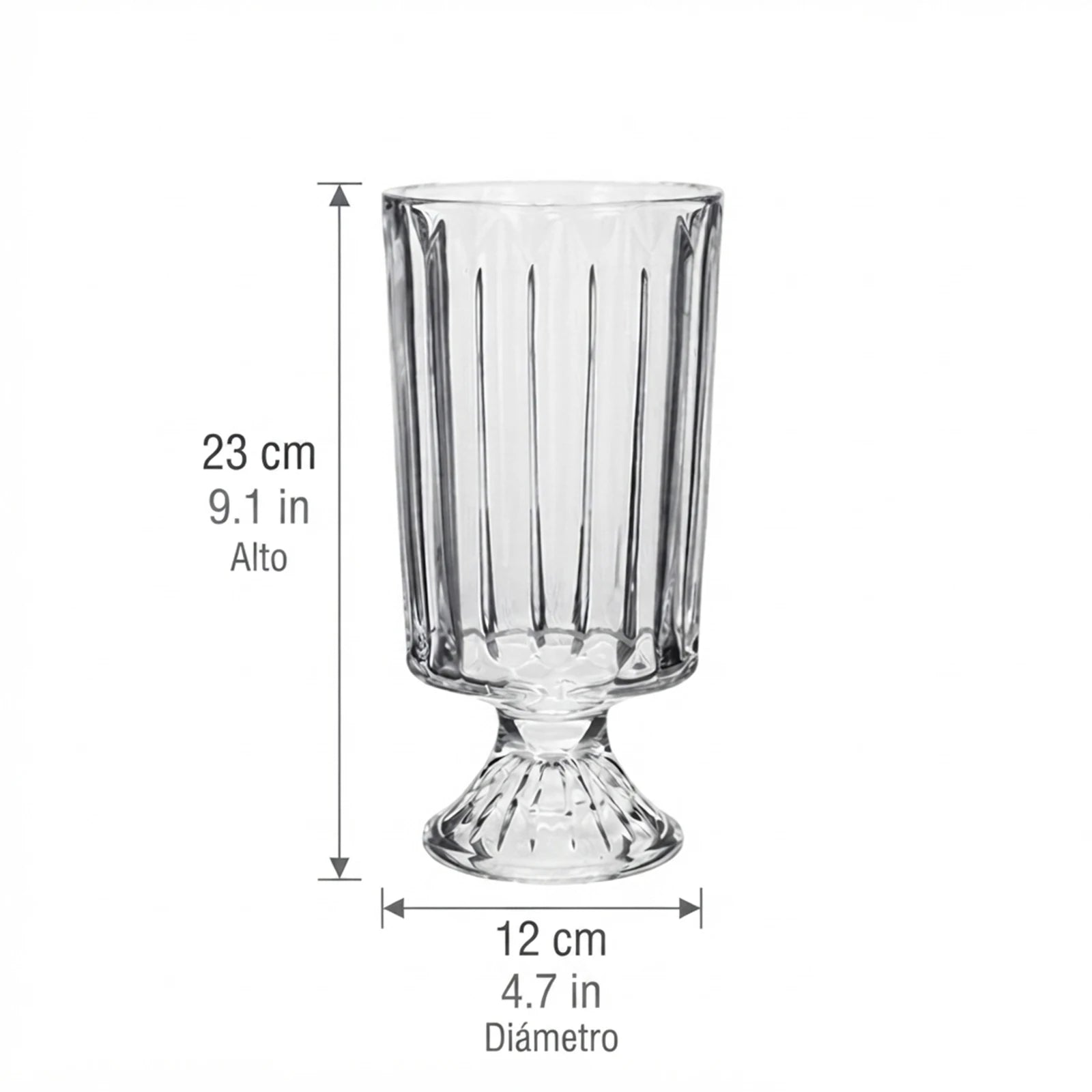 Vase en verre transparent 23 cm, socle piédestal vintage Nesty, vase vide de face avec cotes 23 cm de hauteur et 12 cm de diamètre