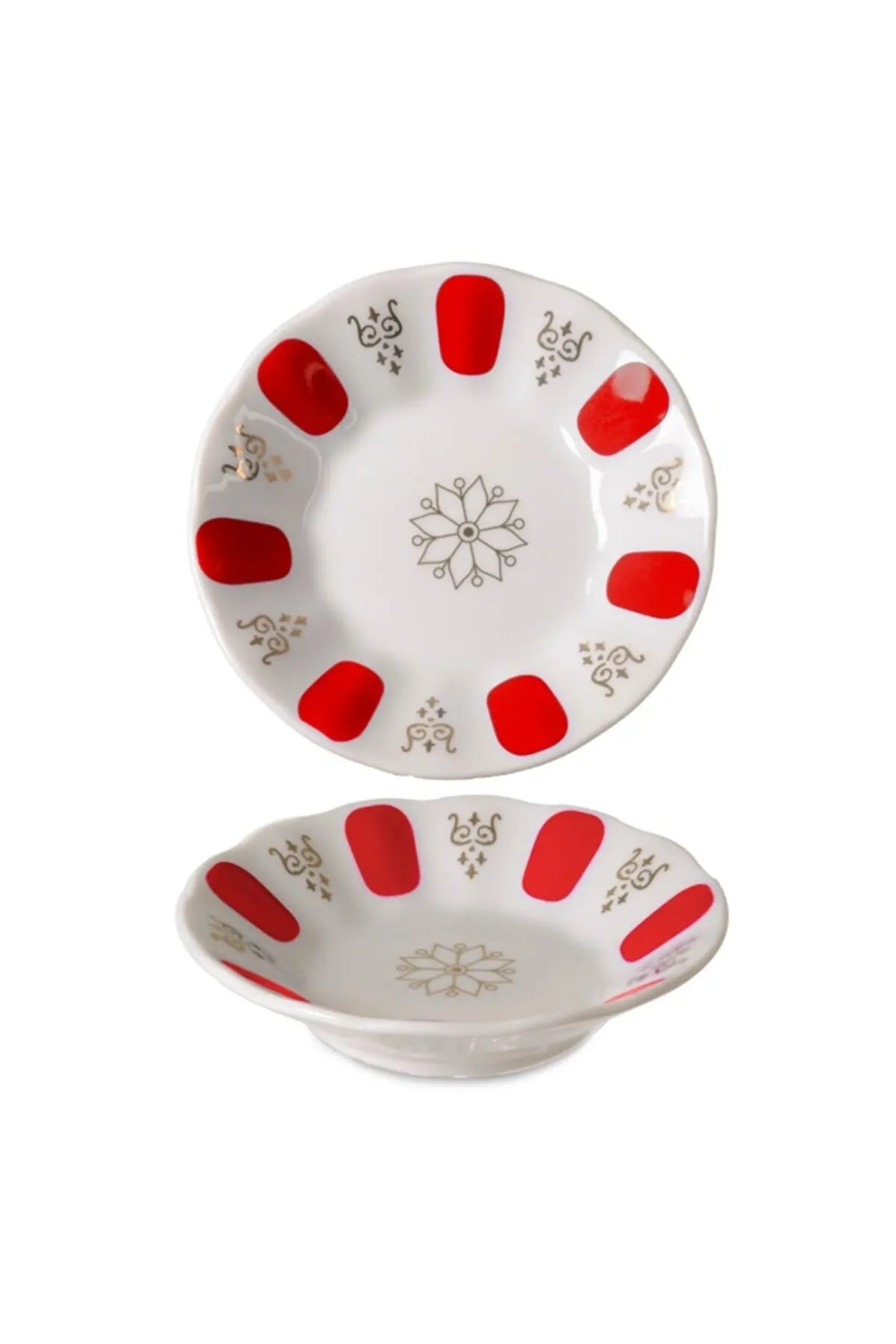 Soucoupe en mélamine blanche à motif rouge et doré traditionnel turc, vue de dessus et de profil - Nesty