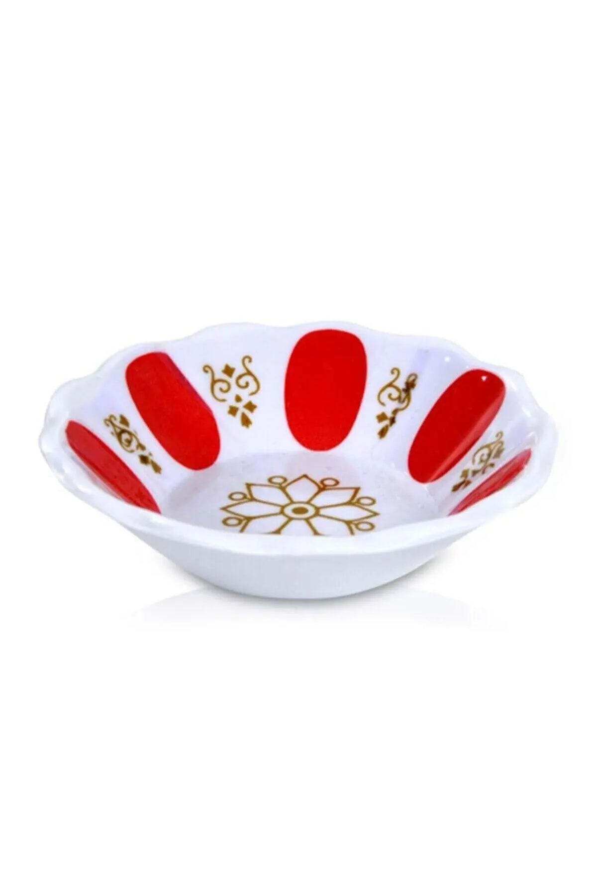 Soucoupe en mélamine blanche à motif rouge et doré traditionnel turc, vue de profil creuse - Nesty
