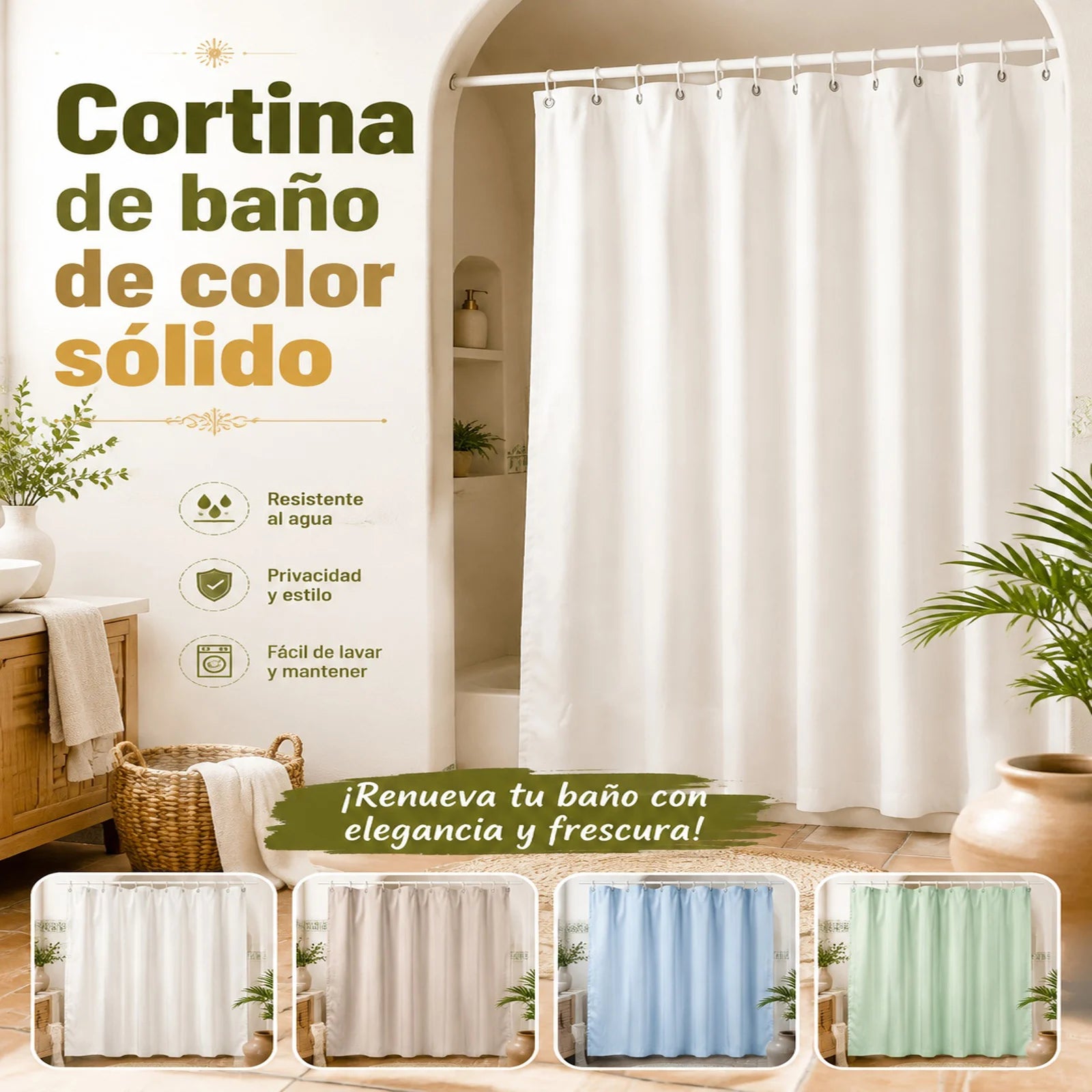 Rideau séparateur de douche en PEVA, teintes douces, lavable en machine - Nesty (vue 1)