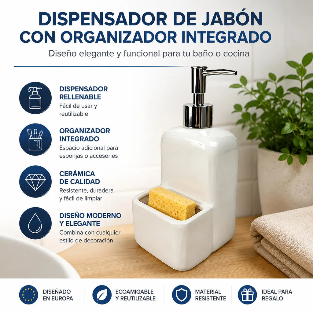 Distributeur de savon en céramique blanche avec porte-éponge intégré - Nesty (vue 4)