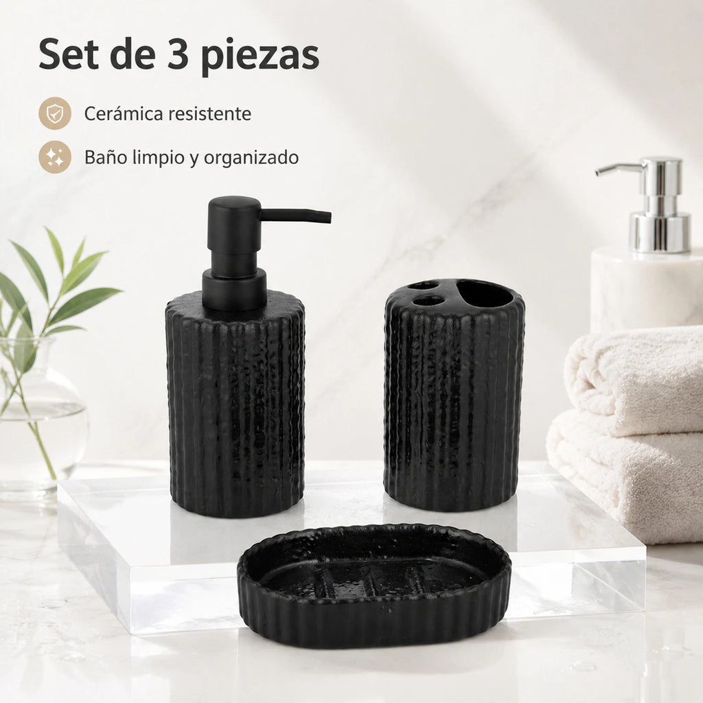 Set 3 pièces céramique salle de bain, texture côtelée noir et blanc (vue 7) - Nesty