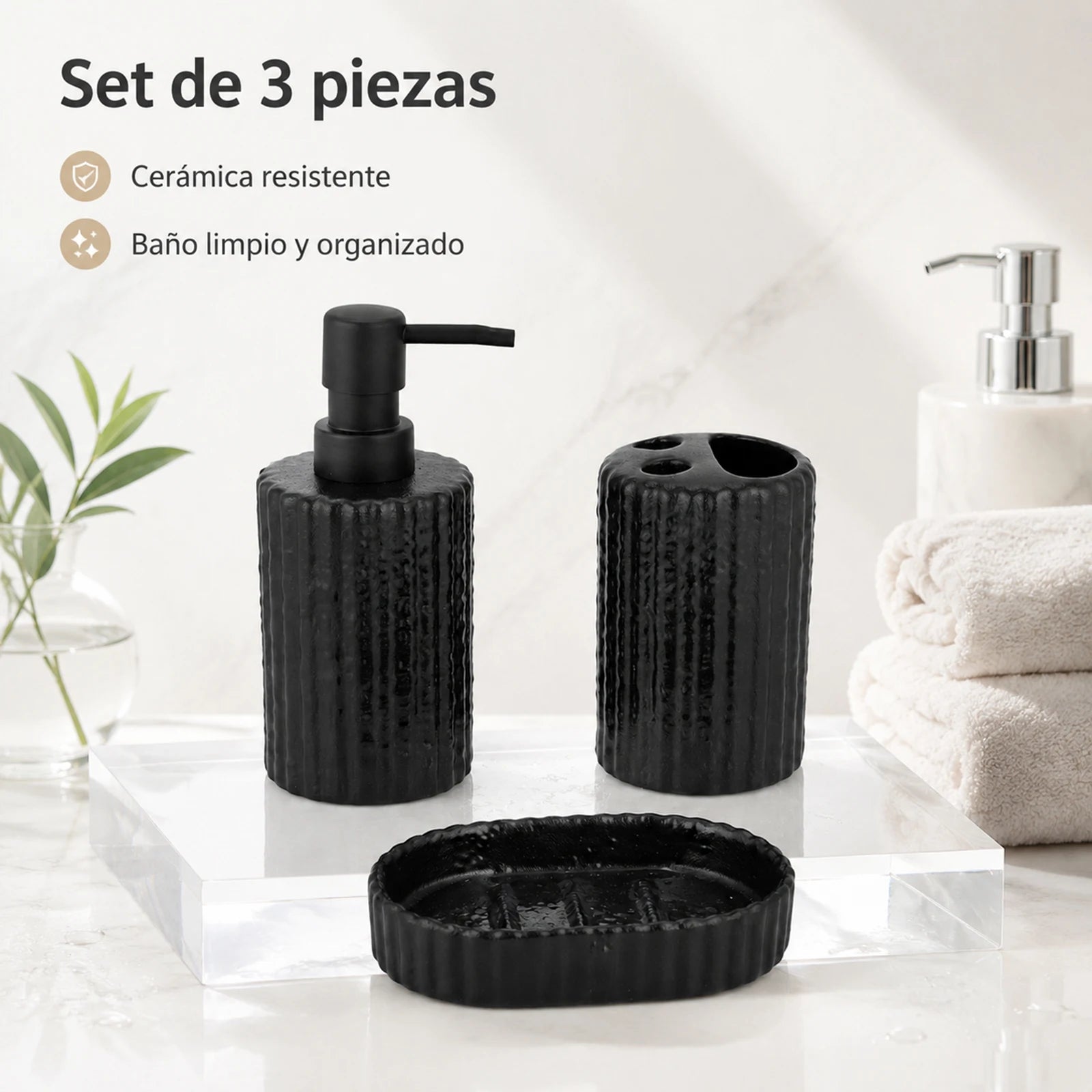 Set 3 pièces céramique salle de bain, texture côtelée noir et blanc (vue 7) - Nesty