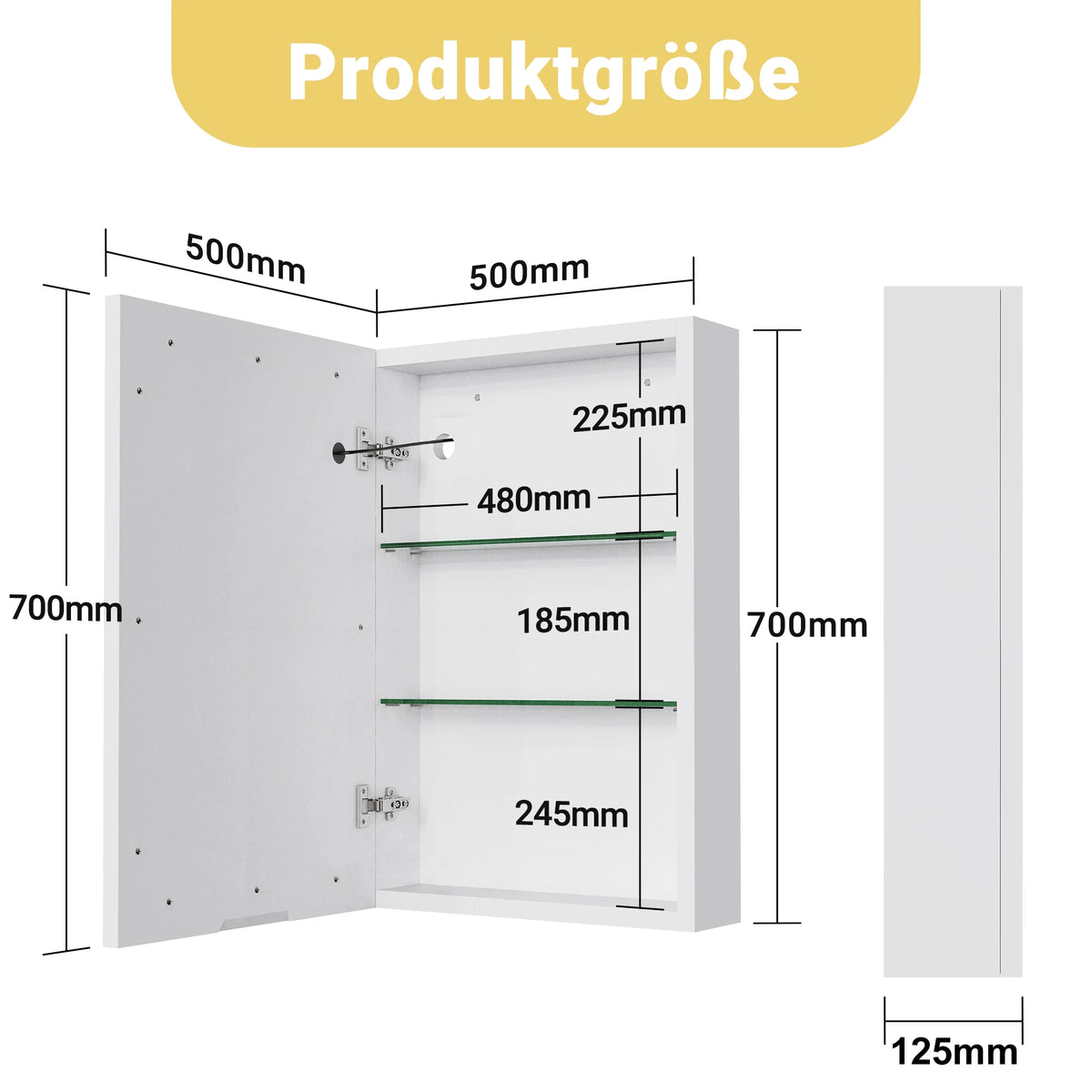 Armoire miroir de salle de bain avec éclairage LED Nesty - Schéma des dimensions, 500 x 700 mm, portes et étagères intérieures
